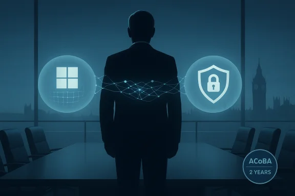 A suited executive watches two floating icons: Windows and a shield, linked by a network.