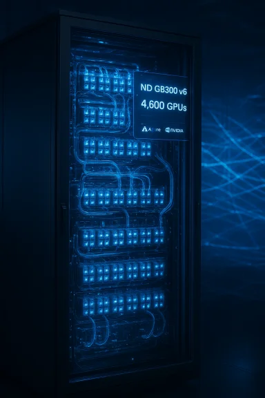A blue-lit server rack labeled “ND GB300 v6, 4,600 GPUs” with Azure and NVIDIA logos.