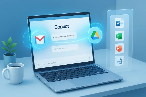 Laptop screen shows Copilot AI assistant with Gmail and Google Drive icons hovering nearby.
