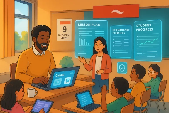 A teacher presents a digital lesson plan to students using tablets in a tech-enabled classroom.