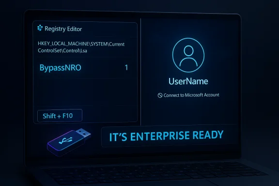 Laptop screen displays a Registry Editor with BypassNRO and a user login, IT'S ENTERPRISE READY.