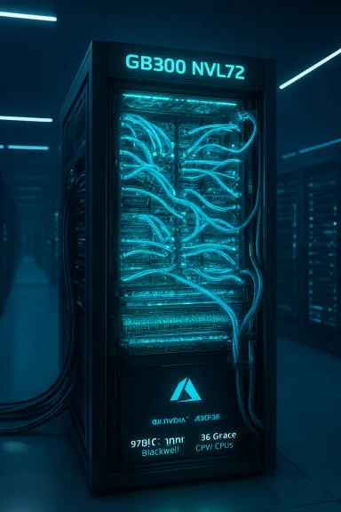 Blue neon-lit data center server rack with glowing cables.