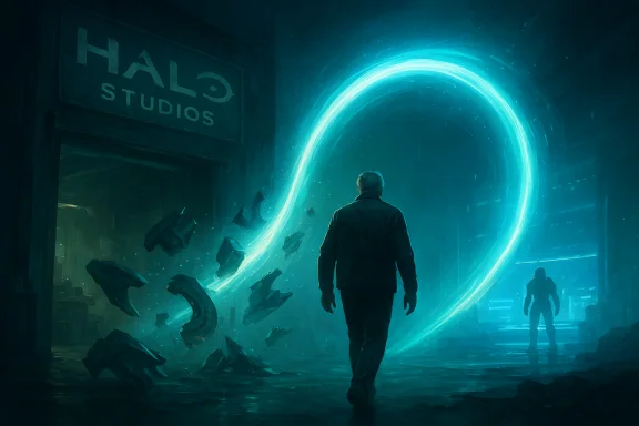 A man walks toward a glowing blue portal ring in a dark Halo Studios corridor.