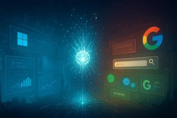 A futuristic digital interface with a glowing neural core and panels showing Windows and Google.