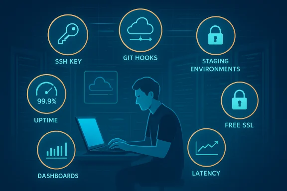 A person at a laptop among glowing icons for SSH key, Git hooks, SSL, uptime, dashboards and latency. A person at a laptop among glowing icons for SSH key, Git hooks, SSL, uptime, dashboards and latency.