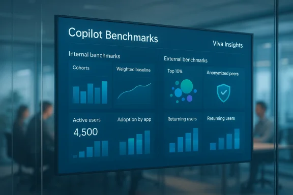 Blue dashboard screen displaying Copilot Benchmarks with internal and external metrics.