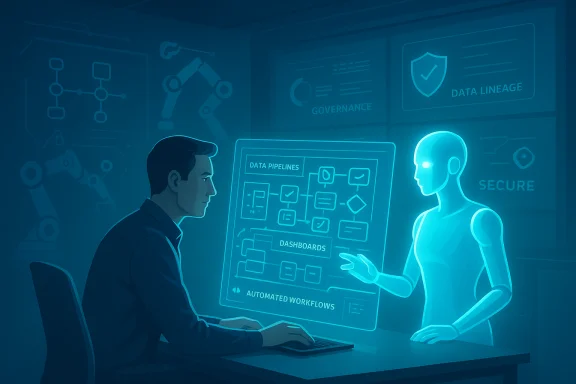 A man and a holographic AI discuss data pipelines on a glowing dashboard.