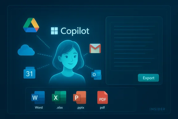 Blue holographic dashboard showing Copilot linking a user to Drive, Gmail, Outlook, calendar, cloud, and Office files.