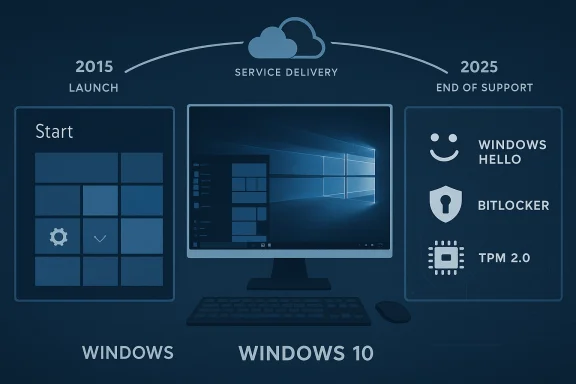 A Windows 10 timeline infographic showing Start menu tiles, a PC desktop, and security features.