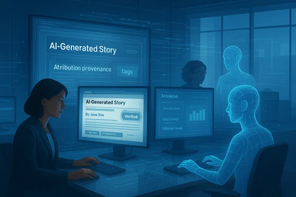 A professional woman and a holographic assistant work on AI-generated stories at computer stations.