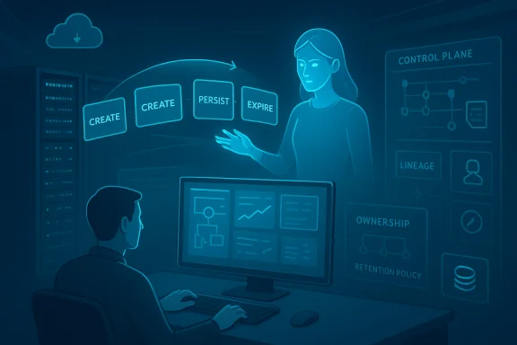 A worker interacts with a holographic data lifecycle: create, persist, expire.