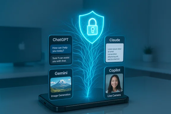 Glowing holographic AI dashboard around a smartphone, featuring chat, image gen, and live camera panels.