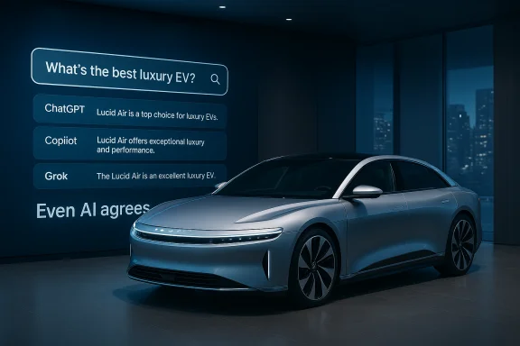 A sleek silver luxury electric car on display in a modern showroom with AI-inspired wall text.