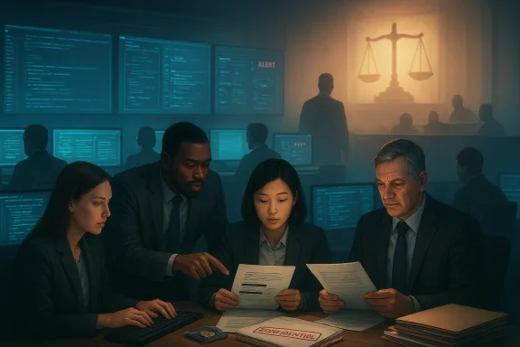 Diverse team reviews confidential documents in a dim, high-tech briefing room. Diverse team reviews confidential documents in a dim, high-tech briefing room.