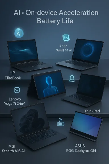 A lineup of AI-powered laptops highlighting on-device acceleration and long battery life.