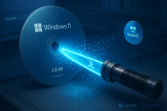 Blue-tech scene showing a Windows 11 disc being sliced by a glowing laser toward a Nano11 disc.