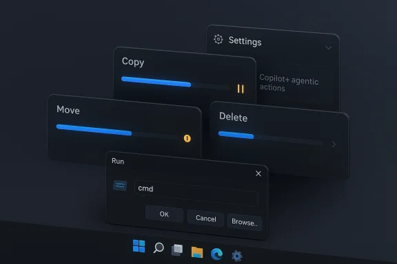 A dark, layered futuristic OS UI with translucent panels, blue progress bars and a Run dialog.