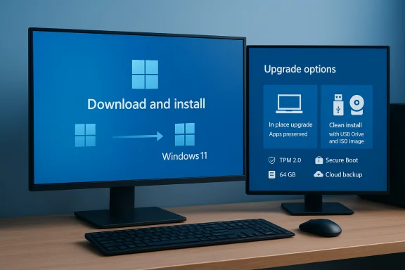 Two monitors show Windows 11 upgrade prompts with a keyboard and mouse on the desk. Two monitors show Windows 11 upgrade prompts with a keyboard and mouse on the desk.