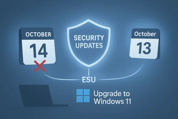Security Updates shield links Oct 13–14 calendars with ESU, prompting Windows 11 upgrade.