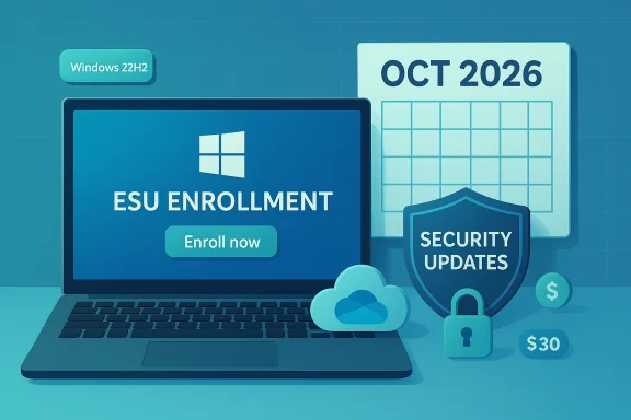 Blue laptop promotes Windows 22H2 ESU enrollment with security updates and Oct 2026 calendar.