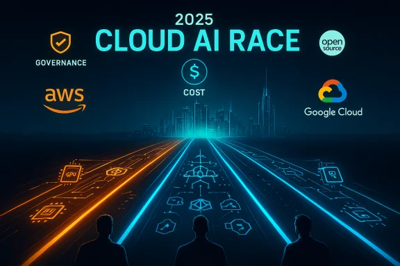 2025 Cloud AI Race: neon highway to a futuristic skyline as AWS, Google Cloud, and Open Source race ahead.