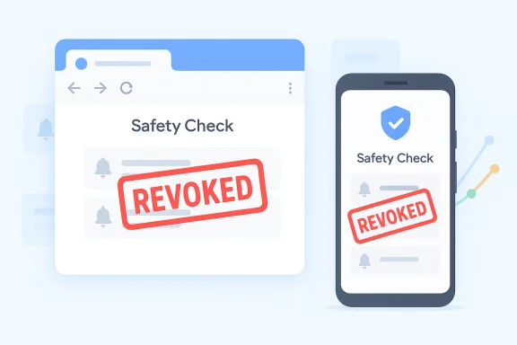 Safety Check interface on desktop and mobile showing a large red REVOKED stamp.