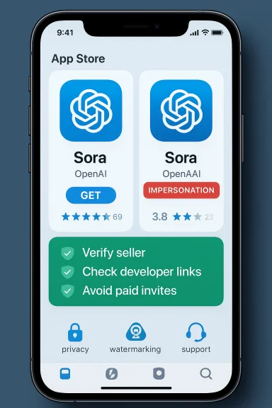 App Store listing with two Sora OpenAI apps, one GET and one IMPERSONATION, plus a green seller verification checklist.