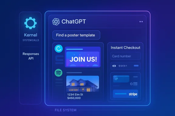 A futuristic UI mockup of a ChatGPT-like interface inside a kernel/file system with posters, payments, and cards.