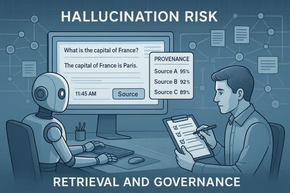Robot and human examine a QA prompt, illustrating hallucination risk in retrieval and governance.