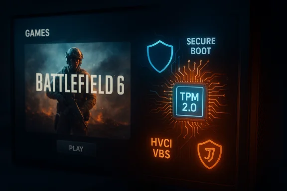 A game launcher displays Battlefield 6 on the left and TPM 2.0 with secure-boot imagery on the right.