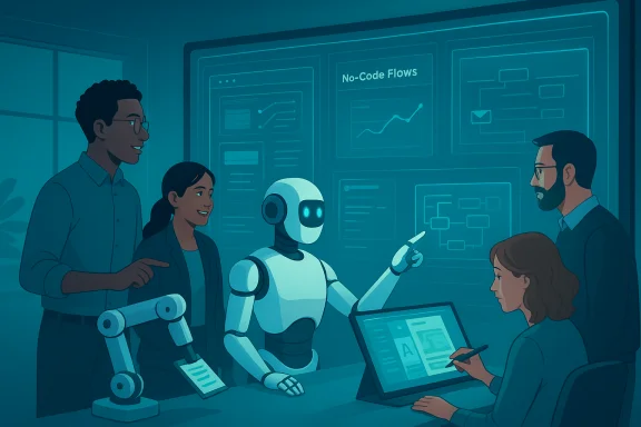 A diverse team collaborates with a humanoid robot before high-tech screens labeled 'No-Code Flows.' A diverse team collaborates with a humanoid robot before high-tech screens labeled 'No-Code Flows.'