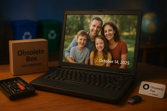 Family portrait on a laptop screen; an 'Obsolete Box' refurbisher box sits on the desk.