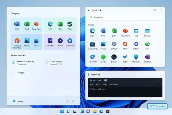 Windows 11-style desktop with app grids, a Phone Link panel, and a terminal window.