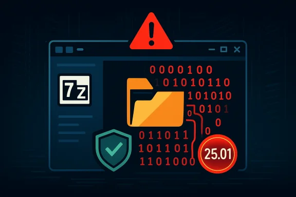 A computer window with a warning sign, folder icon, binary code, shield, and a 25.01 badge, hinting at ransomware.