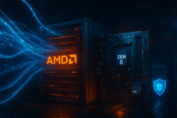 A futuristic AMD server with a Zen 6 motherboard, bathed in blue neon data streams.