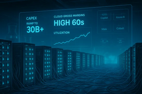 Blue-tinted data center with rows of servers and a holographic display showing cloud margins and utilization. Blue-tinted data center with rows of servers and a holographic display showing cloud margins and utilization.