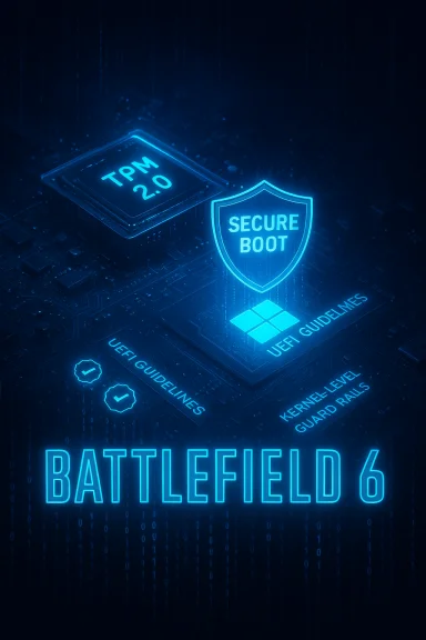 Neon blue cybersecurity scene featuring a TPM 2.0 chip, a Secure Boot shield, and Battlefield 6.