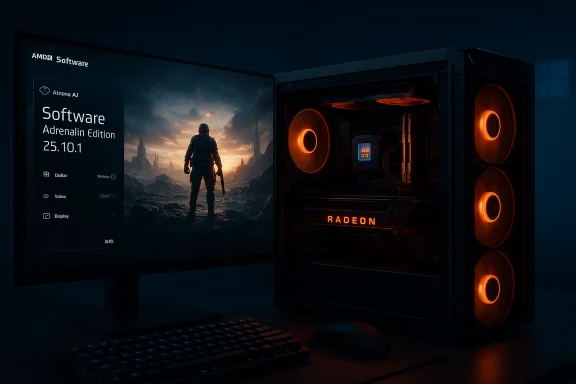 Gaming PC with orange-lit fans beside a monitor running AMD Adrenalin software.