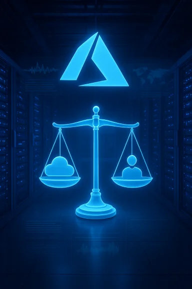 Blue neon scales balance a cloud and a person in a data center.