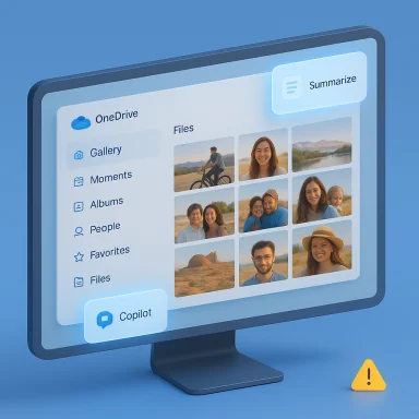 3D monitor UI of a cloud drive with a photo gallery and a Summarize button.