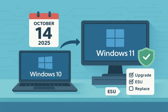 Illustration of upgrading Windows 10 to Windows 11, with a date and upgrade options.