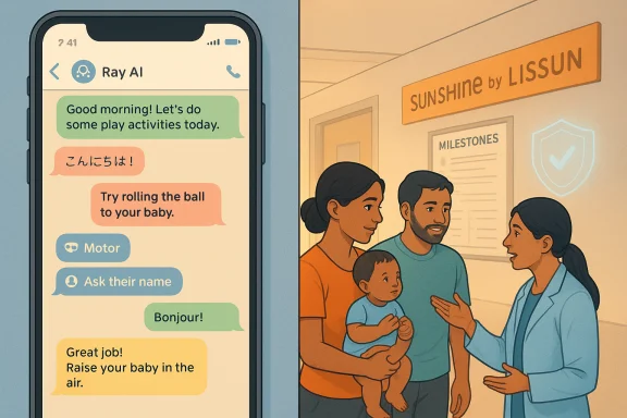 A family chats with a clinician while Ray AI on a phone suggests baby play activities.