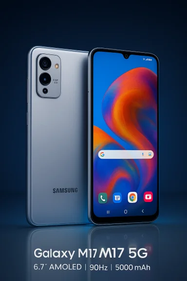 Samsung Galaxy M17 5G smartphone with a 6.7-inch AMOLED display. Samsung Galaxy M17 5G smartphone with a 6.7-inch AMOLED display.