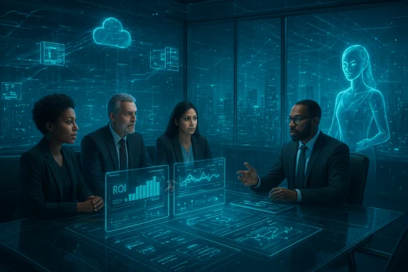 A four-person business team in a blue-lit, holographic briefing room reviewing data.