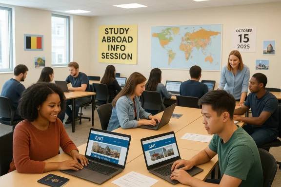Students in a study abroad info session work on laptops in a bright classroom. Students in a study abroad info session work on laptops in a bright classroom.