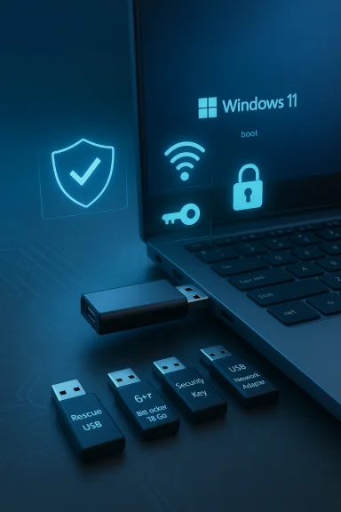 Blue-toned laptop displaying Windows 11 boot screen with USB security keys.