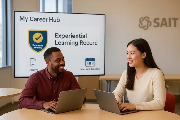 Two people discuss career planning at SAIT's My Career Hub.