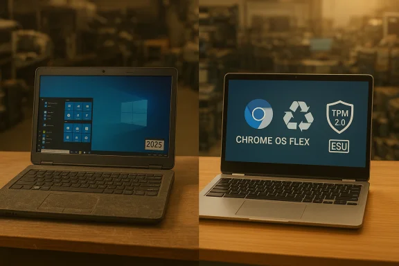 Two laptops on a wooden table: left shows a dusty Windows desktop, right displays Chrome OS Flex branding.