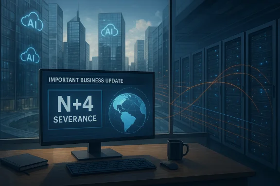 Office desk with a monitor showing an N+4 severance update, as AI cloud icons hover over the city skyline.