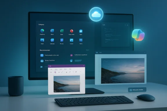 A modern desk setup featuring a monitor with cloud icons and floating app windows.